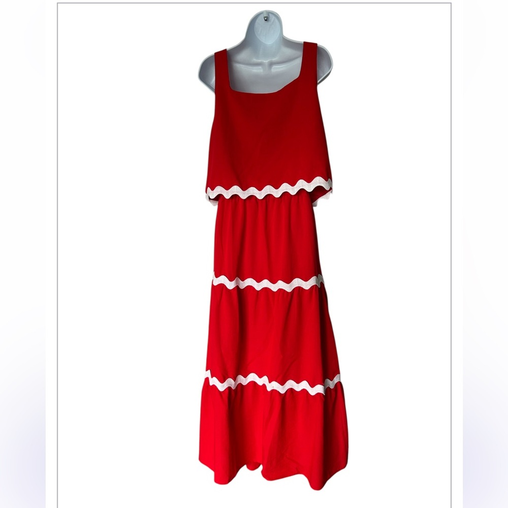 Pretty Garden Red 2 Piece Maxi Skirt Set Pockets Sleeveless Excellent Size L - Picture 3 of 7